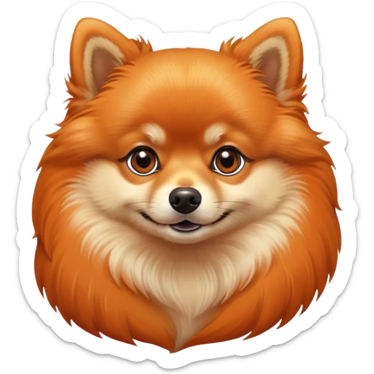 Cinematic Noble Orange Pomeranian Portrait Emoji, Poised and regal, with a compact, fluffy build and a meticulously groomed vibrant orange coat, deep-set soulful brown eyes, Simplified yet sharp and sophisticated features, highly detailed, glowing with a soft, dignified glow, high shine, intelligent and spirited, stylized with an air of elegance, focused and attentive, soft glowing outline, capturing the essence of a watchful and confident companion, so majestic it feels as though it could prance out of the screen with effortless authority! sticker