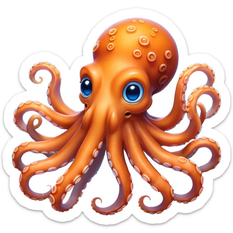 Cinematic Noble Octopus Portrait Emoji, Poised and enchanting, with a light orange body adorned with vibrant blue rings and eight delightfully curling arms with gentle suckers, large sparkling eyes exuding warmth and playfulness, Simplified yet charmingly expressive features, highly detailed, glowing with a soft, magical underwater radiance, high shine, intelligent and irresistibly cute, stylized with an air of whimsical marine enchantment, focused and fluid, soft glowing outline, capturing the essence of a watchful and endearing octopus that appears ready to float out of the screen with delightful charm! sticker