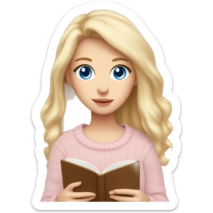 Pretty blue eyed white girl with light pink sweater reading cozy sticker