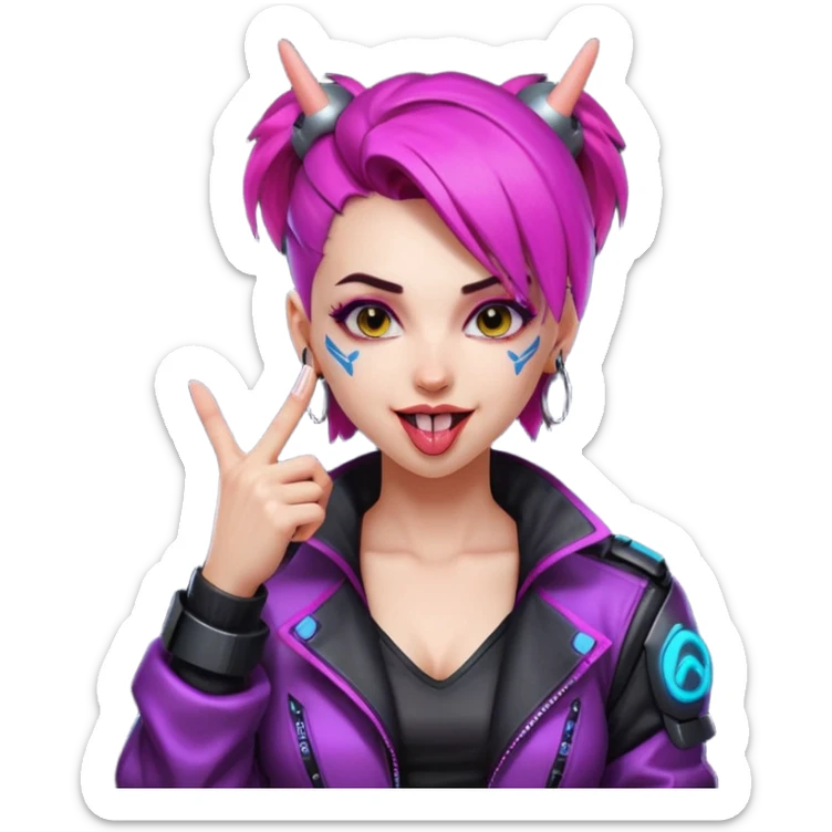 Woman with her tongue out in cyberpunk clothing and giving the middle finger. Looking naughty. sticker