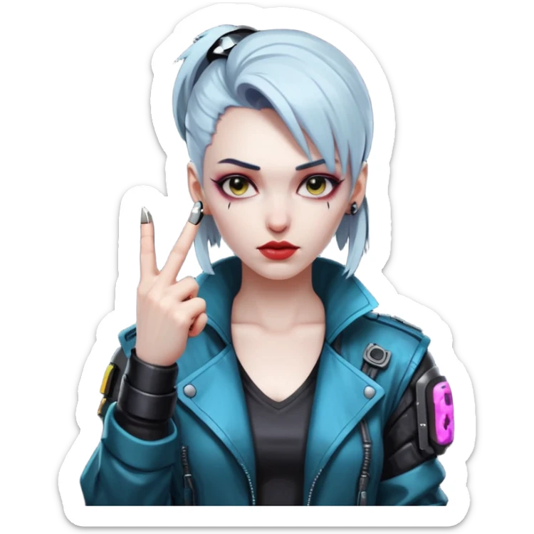 Woman with her tongue out in cyberpunk clothing and giving the middle finger. Looking naughty. sticker