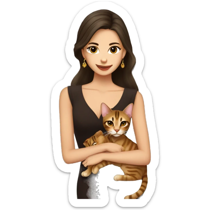 Beautiful skinny woman long dark brown hair in dark dress with gold earrings hug bengal cat sticker