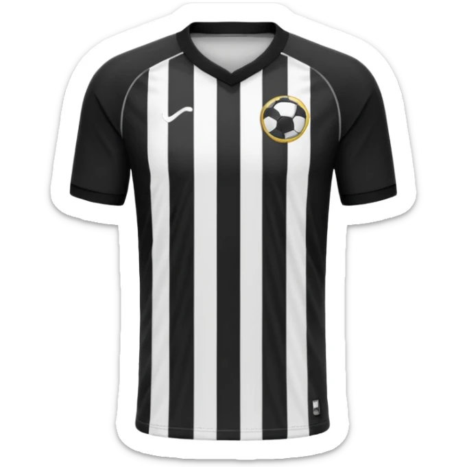 Soccer jersey emoji, cartoon emoji style, front view, black football shirt with a bold vertical white stripe in the center, clean and minimal design, no logo, no sponsor, short sleeves, black round collar, sticker