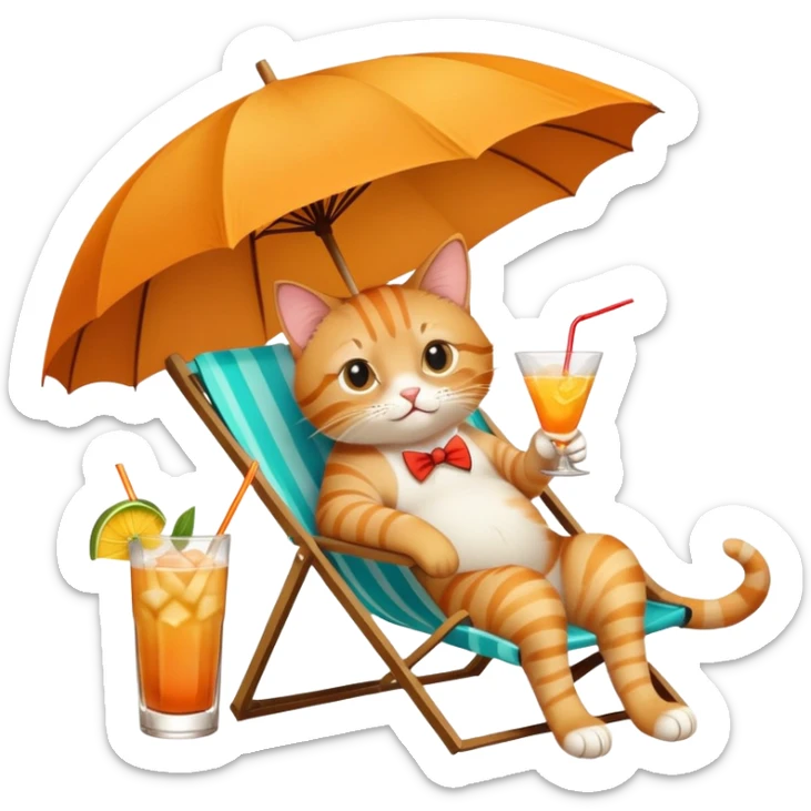 Cat relaxing on a beach chair, sipping a mai tai cocktail with umbrella sticker