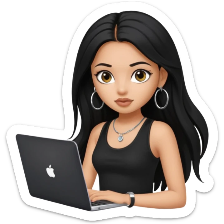 a pretty bratz dusky girl with long black hair, kajal under eyes, small silver hoop. black tank top on. laptop in hand sticker