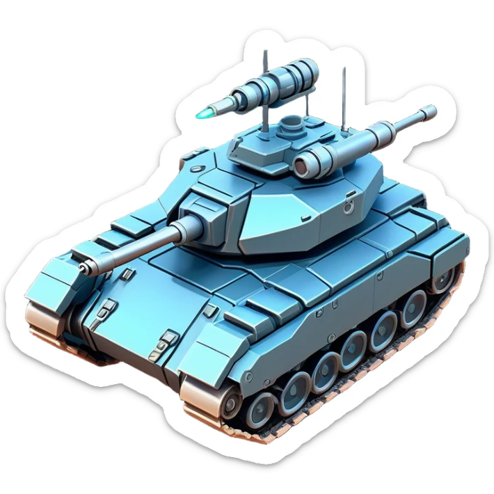 Clash of Clans aesthetic: Cinematic heroic Space Tank Emoji, rendered in a 3D vector-style similar to standard emojis with minimal shading and bold, simplified shapes. A robust, isometric armored vehicle with sleek futuristic plating and energy cannons, softly glowing with a high-tech cosmic combat charm. Simplified yet unmistakably iconic, highly detailed and consistent, glowing with a soft radiant shine and high gloss. Stylized with a touch of intergalactic warfare and a soft glowing outline, capturing the essence of a futuristic battle machine with a friendly, playful spirit! sticker