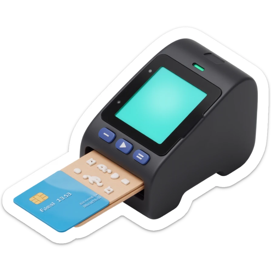 realistic credit card inserted into a POS machine, skeuomorphism icon style, highly detailed sticker