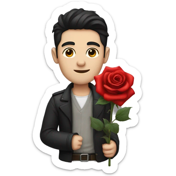 A man with pale skin and black hair clutching a red rose in his hand sticker