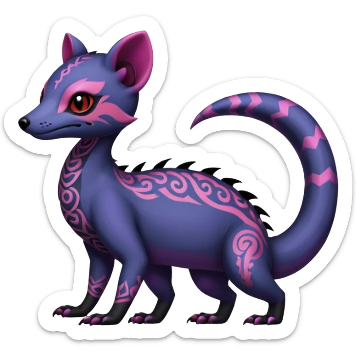 Rare warm-colored exotic gloomy tropical edgy cute epic aesthetic spooky indigo violet white black red gothic colorful Salandit-Salazzle-Civet-species-Fakemon-hybrid-creature, with tribal tattoo markings, full body sticker