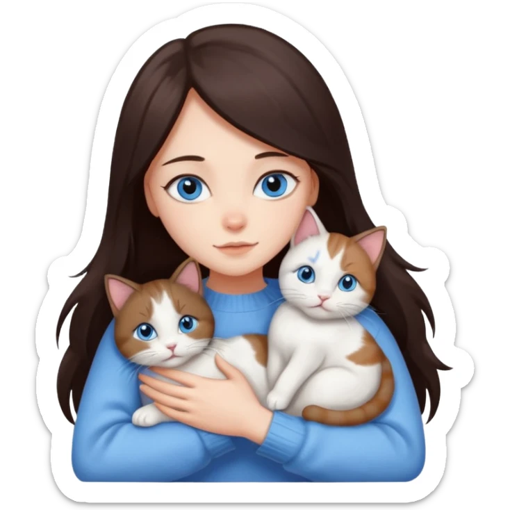 a girl with long dark 
brown hair, with blue eyes, in a
white sweater, hugs 3 different natural coloured cats sticker