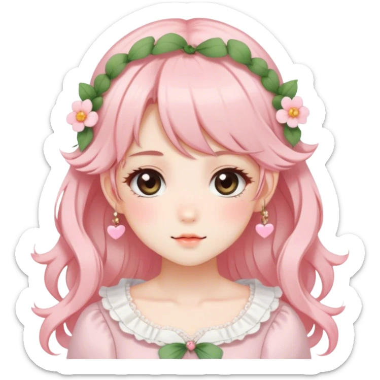 Gorgeous anime style lady with blushing face and accessories cottagecore fairycore Kawaii anime colorful pearly romantic aesthetic trending style sticker