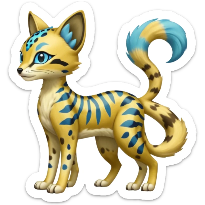 Colorful Golden Gold Shiny Meloetta-Sergal-Vernid-Serval-Civet-Genet-Pokémon-Digimon-Fakémon-fusion-hybrid-creature with Cyan stripes and blue leopard-spot-markings  sticker