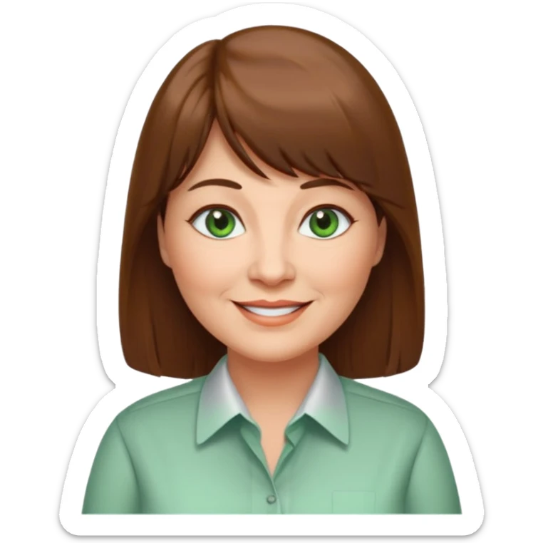 60 yr old woman, green eyes, long straight hair, business shirt, chubby, bangs sticker
