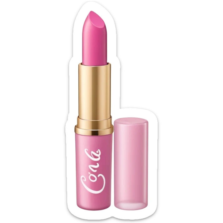 The image is of a pink lipstick from the brand Tarte. The lipstick is in a cylindrical tube with a white cap. The tube is made of plastic and has the brand name "Tarte" written in white cursive letters on the front. The cap is also pink and appears to be slightly open. The background is plain white. sticker