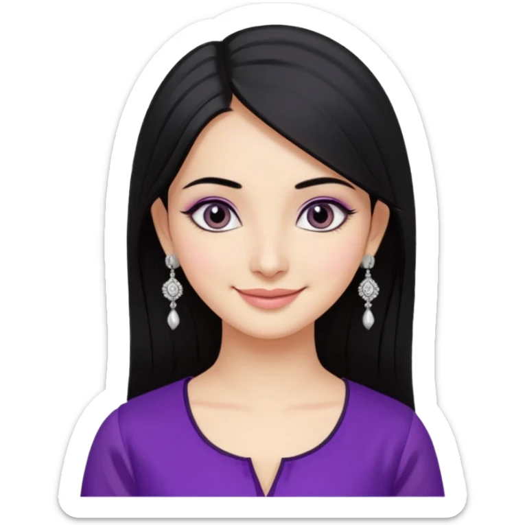 a pretty bratz girl with straight black hair, wearing a purple kurti, silver jhumkas, eyeliner, carrying momos sticker