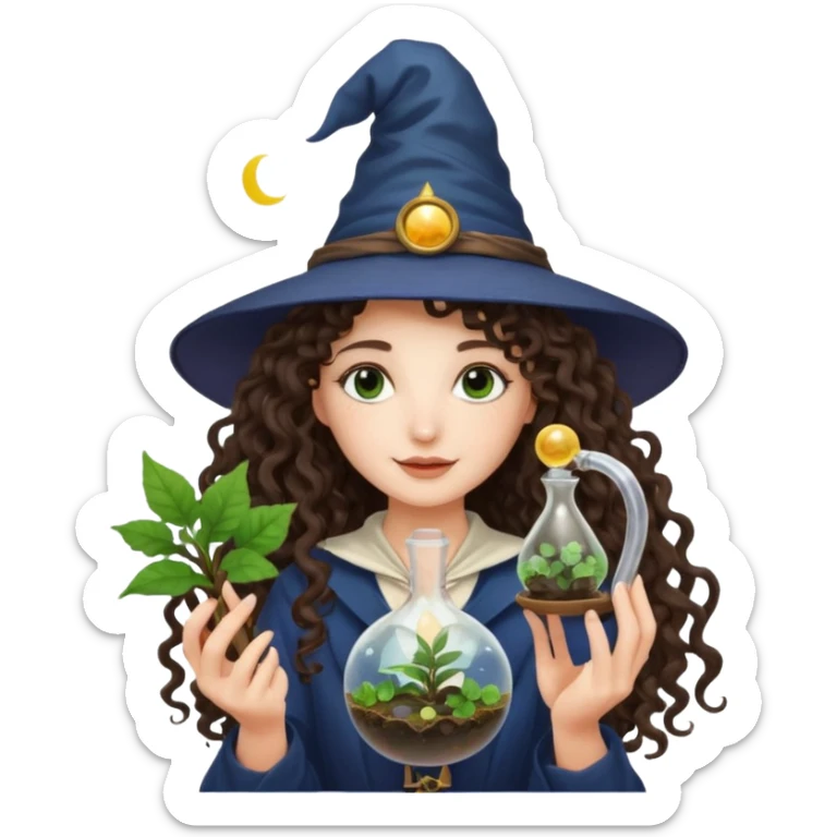 A long curly haired brunette girl with a moon witch hat, and a plant wand or plant potion terrarium sticker