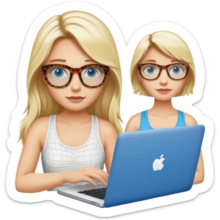 long blonde hair woman blue eyes with tortoise shell print glasses wearing white tank top on mac book with a white crocodile patterns laptop case  sticker