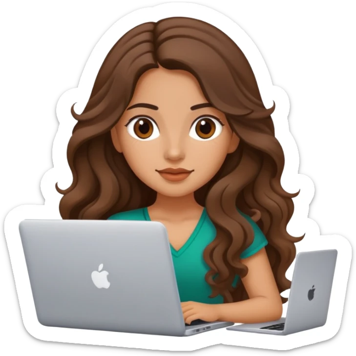 beautiful girl , with long brown hair, wavy hair, Mexican , with laptop sticker