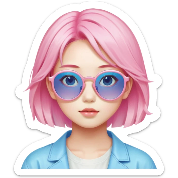 Vaporwave aesthetic Japanese girl with pastel pink hair, retro 80s sunglasses, nostalgic color palette of pink and blue, Japanese kanji characters floating, gradient background sticker