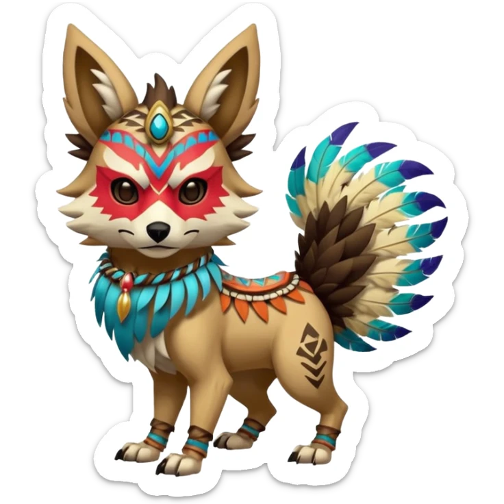 Furry cute colorful exotic tribal feral anime-styled Fakémon-Pokémon-animal-creature with a wolf-skull-head-mask-face, and colorful feathers around neck, with long furry ears, long furry tail, 4 legs, (full body), with intricate pattern-markings sticker