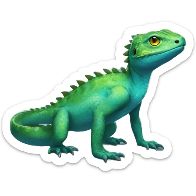 A Cyan Shiny Glossy Anthro-Scalie-Lizard-Reptile-Salamandrian-Fakémon with dark-blue patterns and light-green belly Full Body sticker