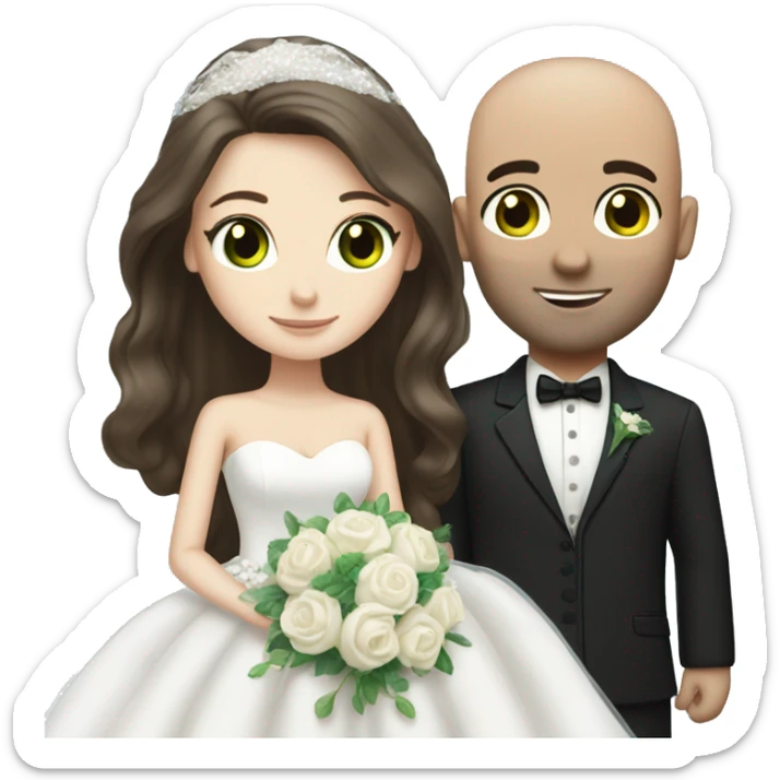 white girl with green eyes and long dark brown hair in wedding dress with bald blueeyed husband  sticker