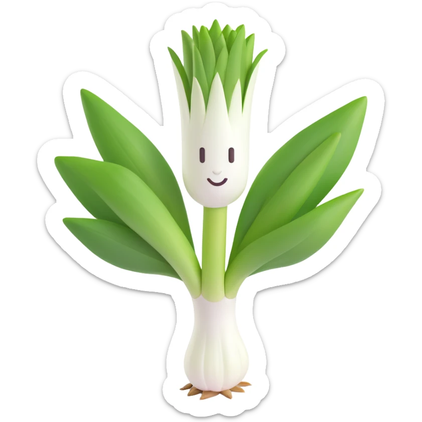 single fresh leek, white stalk fading to green leaves, leaves tidy and curved, root end with fine roots, clean and moist, 3D emoji style, minimal, soft shadows, no face, transparent background, emoji scale sticker