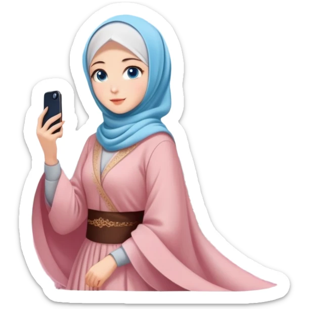 Turkish beautiful finish Konya girls blue eyes with lovely cherry blossom hijab long tail dress and she takes photo from sky sticker