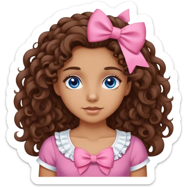 A girl with brown long curly hair, dark blue eyes and with a pink top with a white bow sticker