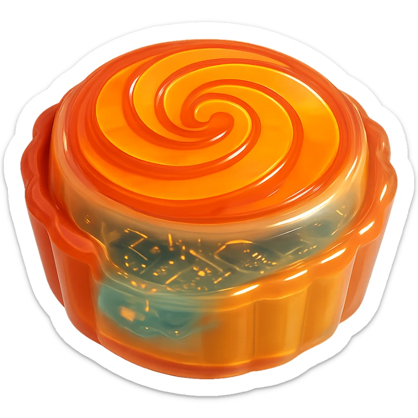 3D glossy large fruit tart, filled with vanilla cream, topped with a spiral of thinly sliced peaches and apricots, shiny highlights sticker