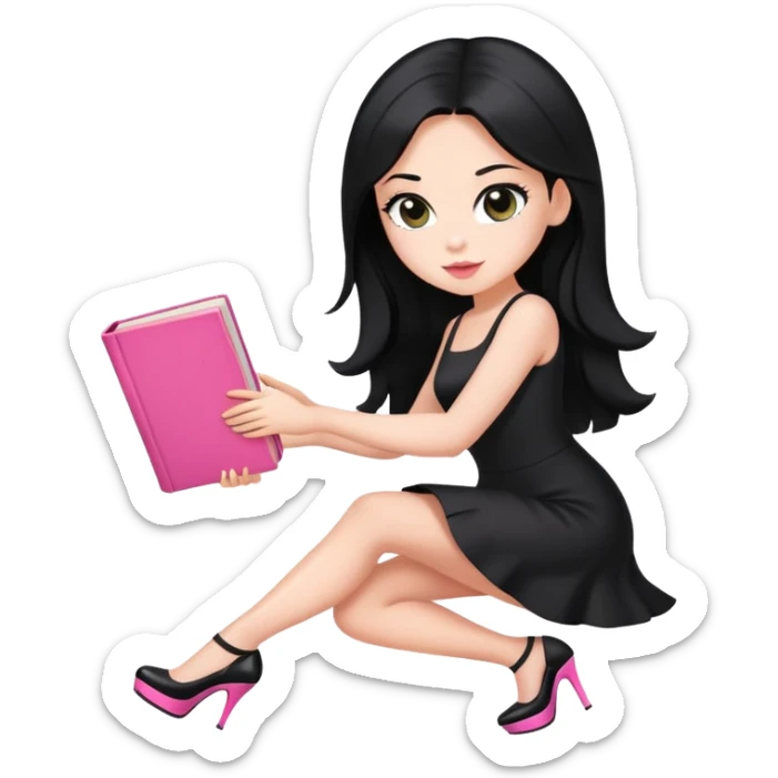 Bimbo in heels in black mini dress, long black hair tanned, pick up pink book from ground, sticker