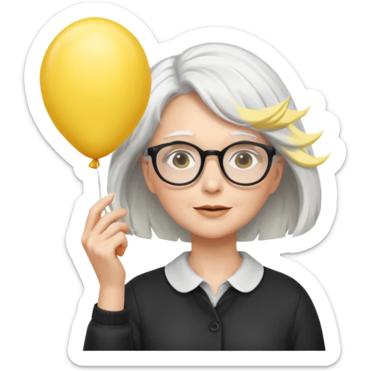 woman with wind white hair and wearing glasses, holding yellow balloon sticker