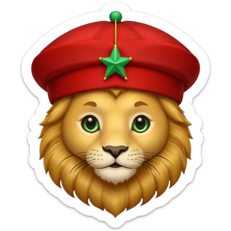 Cute lion face emoji with golden fur, big round eyes, and a friendly expression. Wearing a red Moroccan fez hat with a green star on the front and a small black tassel on the side sticker