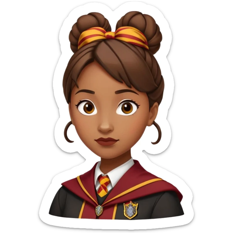 Angelina Johnson in harry potter, wear hogwarts gryfindor uniform,  thick, brown knot bun hair , reflecting her bold, stylish, and strong personality sticker