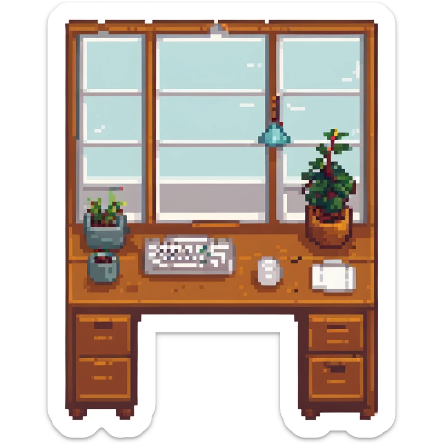 A desk by the window with summer sunshine in the background. On the desk, there is a laptop, a cup of iced coffee, and a small plant. An opened book is also present. sticker