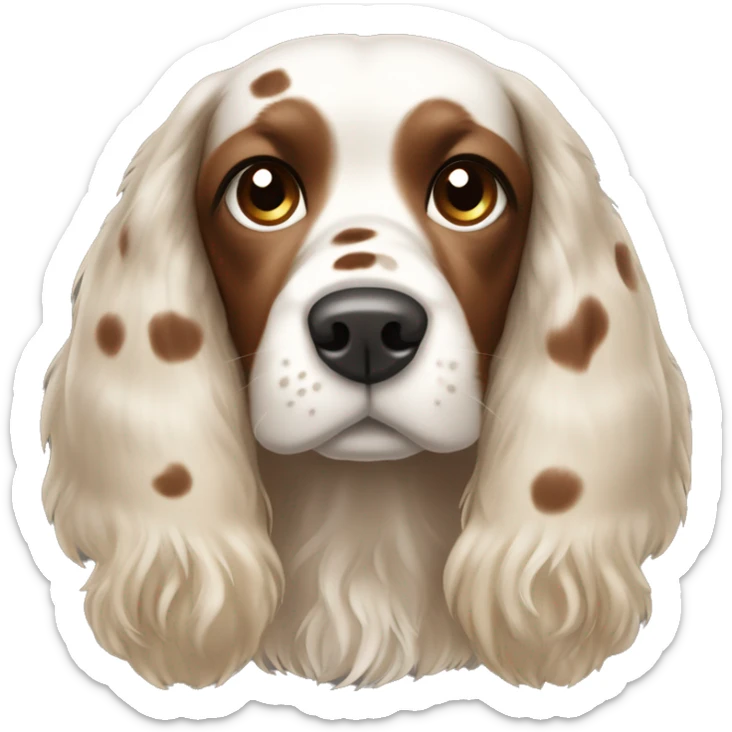 Cocker spaniel with a brown and white spots and hairs poking out on top of head  sticker