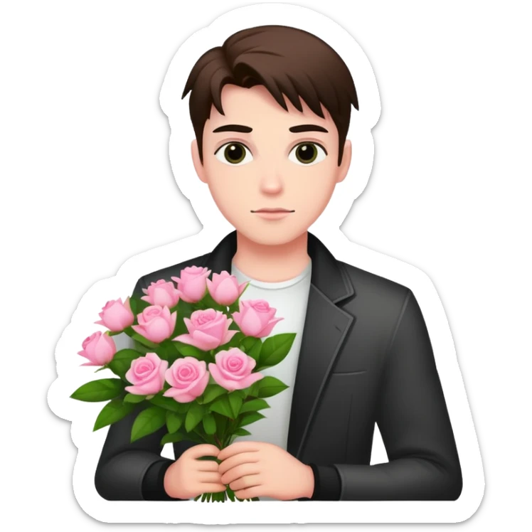 A cool bad boy with fair skin holding a bouquet of pink jasmine roses sticker
