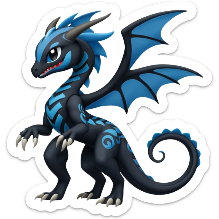 Black and Blue Meloetta-Venom-Stitch-Zekrom-Salandit-fusion, full body, tribal markings  sticker
