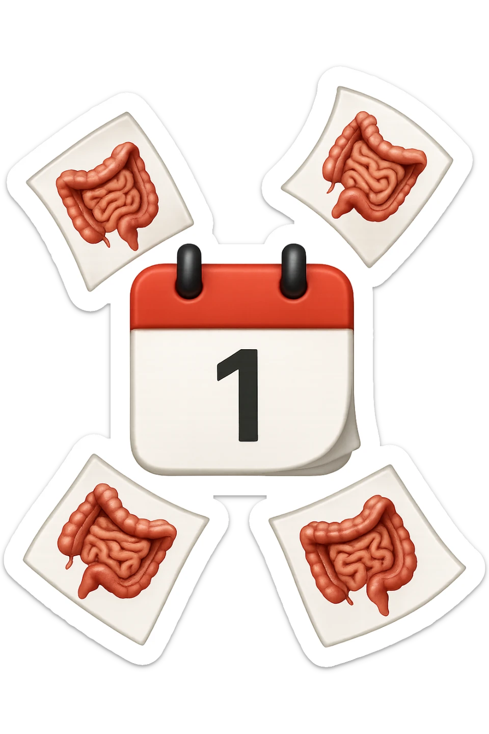 emoji stile iphone di un calendario con fogli che volano insieme, sui fogli ci sono disegnati degli intestini anatomici, iperrealistico 4k, isolato su sfondo bianco sticker