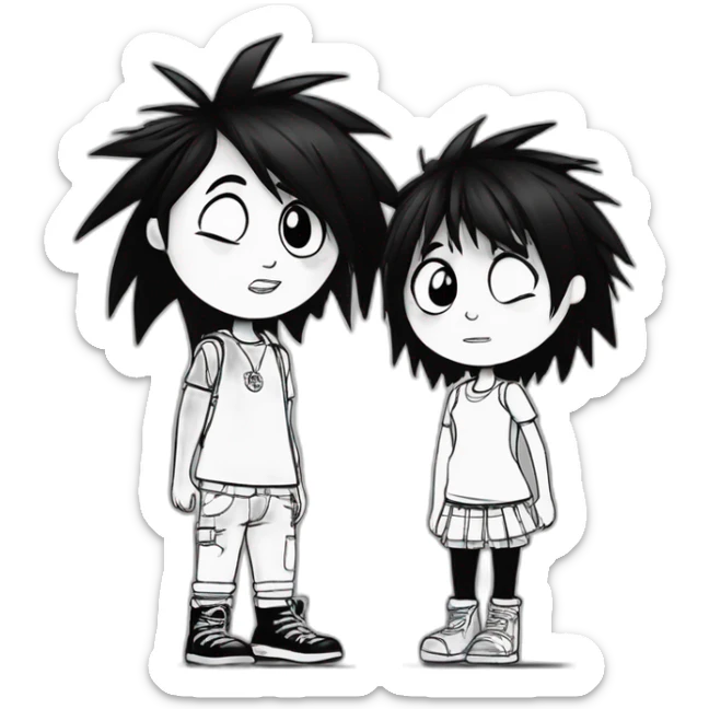 a dog and a girl with black spiky hair looking at each other in style of ((sarah andersen)), black and white,sarah andersen,cartoon,drawn,sketch sticker