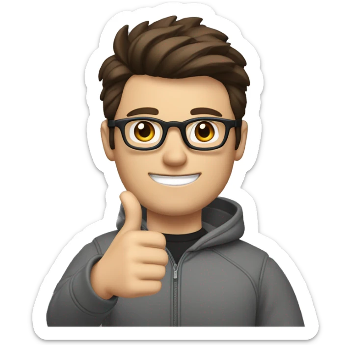 a man with short brown hair, quiff, beard and black round glasses, dark brown eyes, wearing a gray sweatshirt and a professional camera, giving a thumbs up sticker