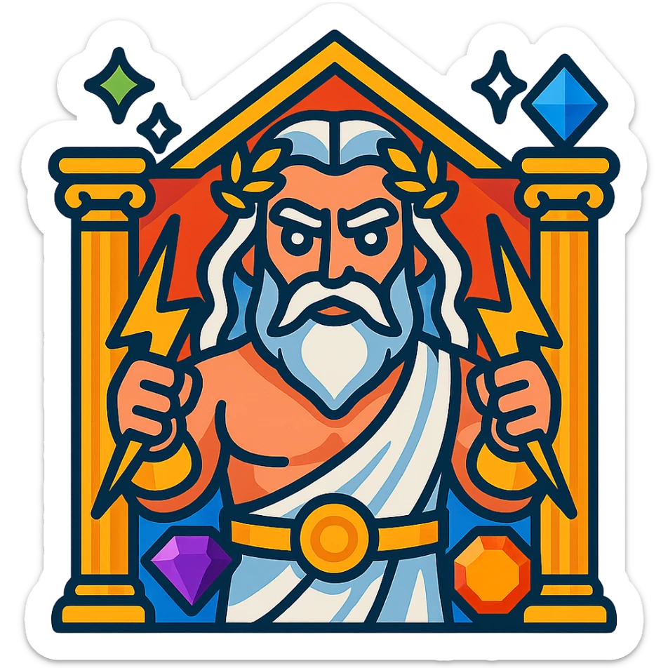 Gates of Olympus slot emoji with Zeus holding lightning bolts, golden columns, and sparkling gems sticker