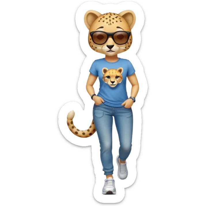 friendly anthropomorphised female cheetah in jeans and t-shirt, wearing dark sunglasses, jogging upright in relaxed pose sticker