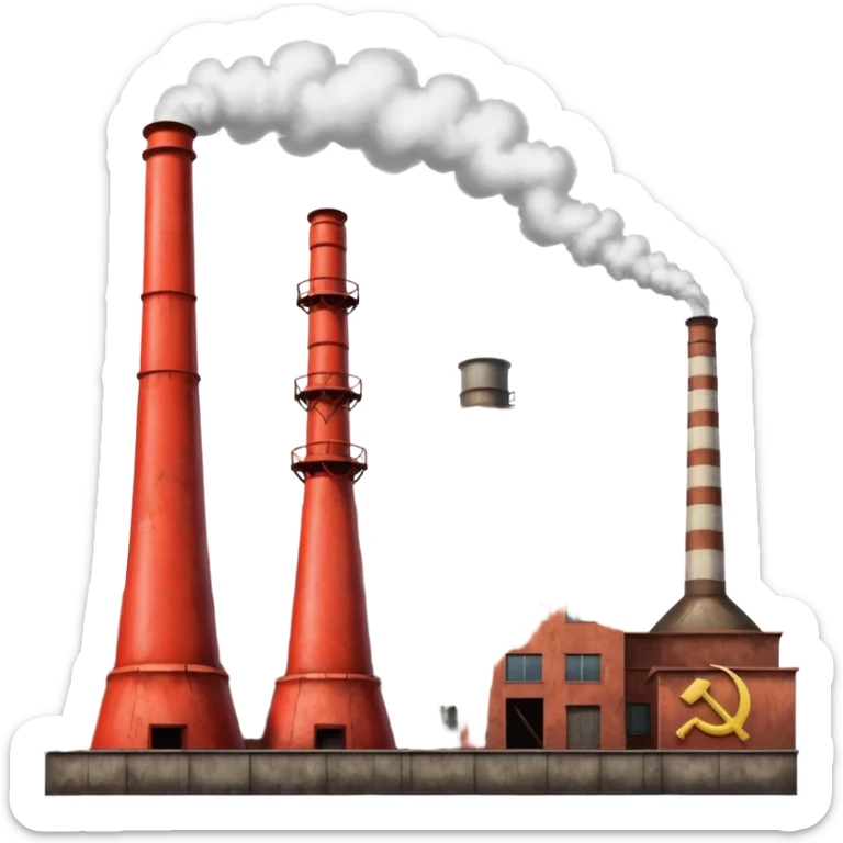 Soviet heavy equipment plant, factory exterior, hammer and sickle, smokestacks sticker