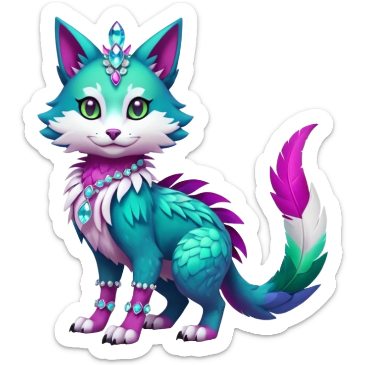 Kawaii cute colorful iridescent deep-dark-turquoise-green and magenta and white beautiful pretty elegant divine edgy feline-vernid-sergal-Fakémon-Pokémon-fursona-animal-creature with accessories, full body, with intricate detailed markings, feathers, crystals sticker