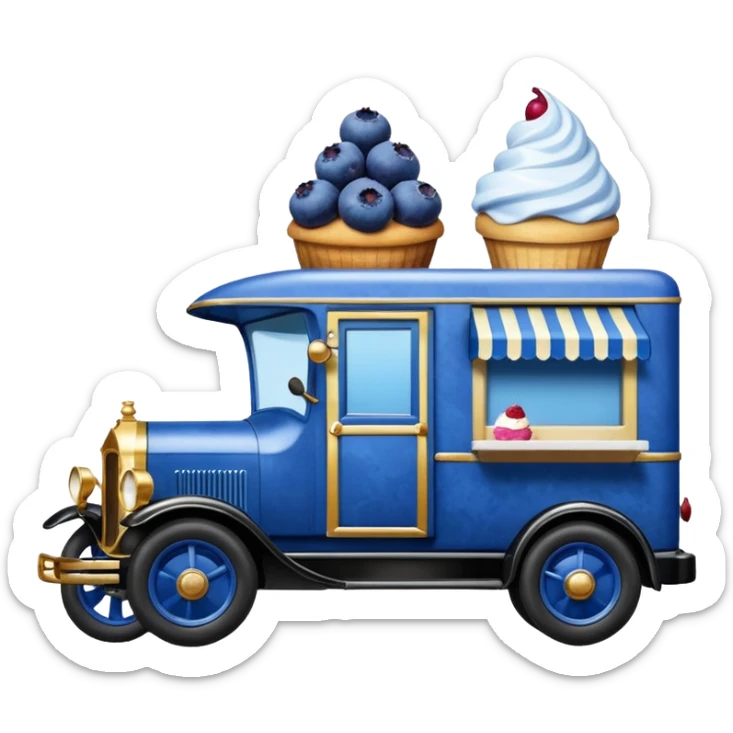 shiny-dark-blue crystal-bodied frozen blueberry muffin, pie, and ice cream, 1912 antique long-wheelbase cab over durable-looking low rider moving truck food truck  sticker