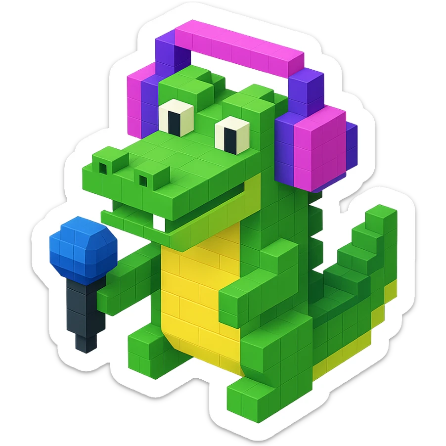 crocodile with headphones holding a microphone, isometric view, voxel style sticker