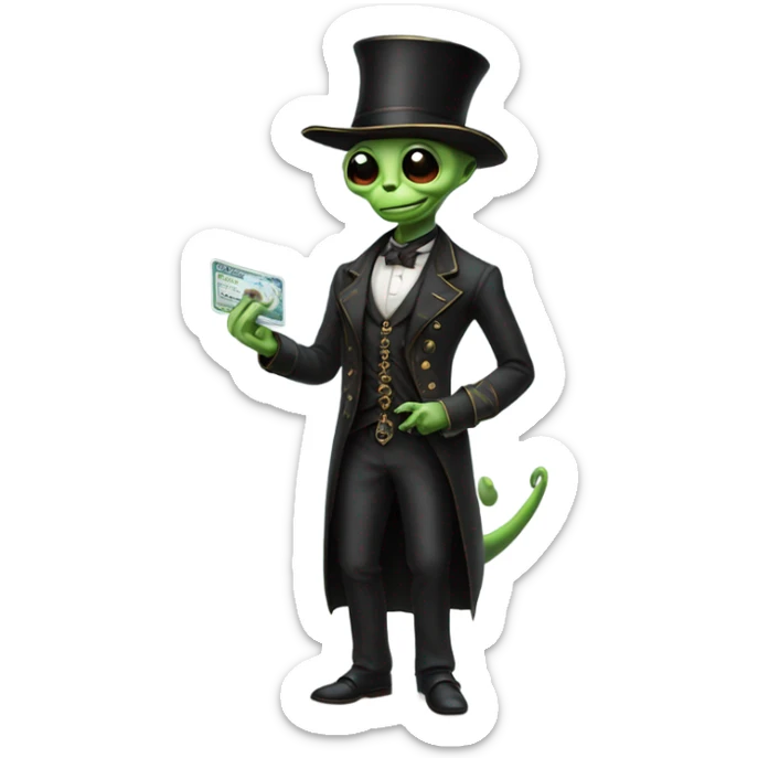 alien galora in Victorian dress elegant, full body, holding big credit card sticker