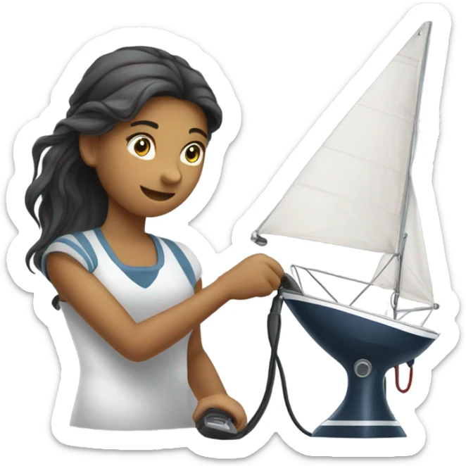 Girl using hair dryer to dry sail of boat sticker