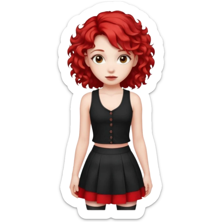 red haired girl with 2 big curls on the sides of her hair with a button up black tank top with red accents and a short skirt with red end sticker